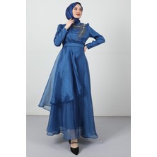 Giza Store Taşlı Organze Abiye Indigo