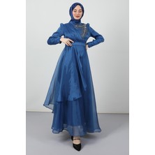 Giza Store Taşlı Organze Abiye Indigo