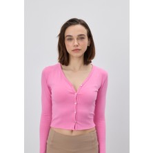 Tubia Kadın Düğmeli V Yaka Pembe Crop Hırka