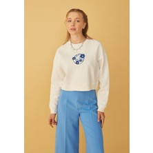 Kadın Önü Lacivert Nakışlı 3 Iplik Şardonlu Sweatshirt