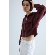 Kadın Acı Kahve Körüklü Cep Detaylı Kapüşonlu Crop Hırka