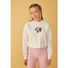 Kadın Önü Mor Nakışlı 3 Iplik Şardonlu Sweatshirt