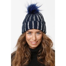 FLORİ Varak Baskılı Katlamalı Ponponlu Triko Örgü Bere