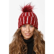 FLORİ Varak Baskılı Katlamalı Ponponlu Triko Örgü Bere