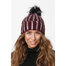 Varak Baskılı Katlamalı Ponponlu Triko Örgü Bere