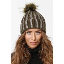 Varak Baskılı Katlamalı Ponponlu Triko Örgü Bere