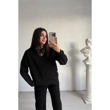 Kadın Baskısız Düz Basic Oversize Bisiklet Yaka Eşofman Takımı