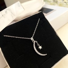 Kyver Ay Yıldızlı Kolye Kadın Kolye Zirkon Taşlı Çelik Silver 40+5cm