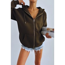 Kadın Fermuarlı Baskısız Şardonlu Kalın Sweatshirt Hırka