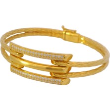 Altınöz Mücevherat Zirkon Taş Detaylı Kaburga Model Tarzı Şık Sarı Altın Kelepçe Bilezik