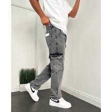 Oliggopol Erkek Mavi Baggy Kargo Pantolon Kot Kumaş Baggy