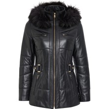 Derimod Alexandra Kadın Siyah Kapüşonlu Kürklü Deri Kaban 24WGE52851M