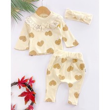 Candar Kalp Baskılı Fisto Yaka 3 Parça Kız Bebek Takımı Krem