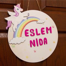 Isme Özel Unicorn Tasarımlı Gökkuşağı Çocuk Odası Kapı Süsü