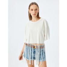 Koton Crop Kısa Kollu Bisiklet Yaka Püsküllü Oversize Tişört