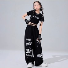 Kids Face Özel Tasarım Rock Graffiti Baskılı Ispanyol Paça Kız Çocuk Yazlık Crop Eşofman Takımı