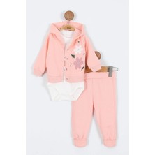 Çiçek Desenli Çıtçıtlı Kapşonlu Pamuklu Zıbın Uzun Kol Kız Bebek 3'lü Takım Alt Üst Kız Bebek Takım