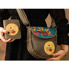 Hoodie Mouse Baykuş Figürlü Tasarımlı Capraz Örgulu Kol Cantası Yesil ve Cuzdan Yesil Kombin