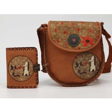 Hoodie Mouse Tilki Figürlü Tasarımlı Capraz Örgulu Kol Cantası Taba ve Cuzdan Taba Kombin