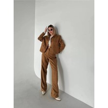 Reka Moda Süet Ceket Palazzo Pantolon Ikili Takım - Kahve