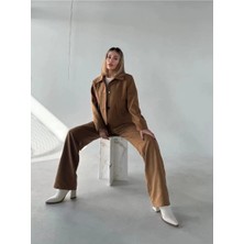Reka Moda Süet Ceket Palazzo Pantolon Ikili Takım - Kahve