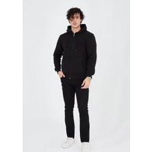 Unisex Tam Fermuarlı Kapşonlu  Sweatshirt - Siyah