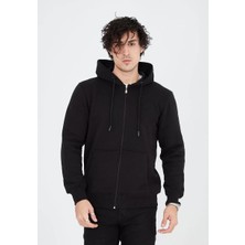Unisex Tam Fermuarlı Kapşonlu  Sweatshirt - Siyah