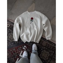 Unisex Bisiklet Yaka Ön ve Arka Baskılı Sweatshirt - Beyaz
