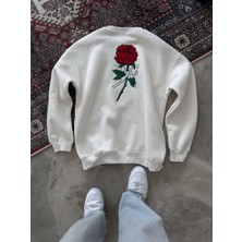 Unisex Bisiklet Yaka Ön ve Arka Baskılı Sweatshirt - Beyaz