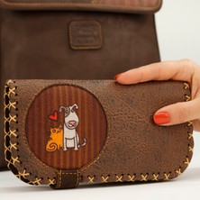 Hoodie Mouse Kedi ve Köpek Figürlü Büyük Cüzdan Etnik Bohem Retro Vintage Style  - KAHVERENGİ