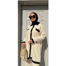 Jooq Gold Düğmeli Çizgili Triko Alt Üst Takım Ekru
