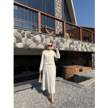 Jooq Gold Düğme Detaylı Tüvid Kumaş Alt Üst Etek Takım Krem