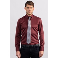 Tudors Erkek Modern Slim Fit Düz Saten Pamuklu Bordo Gömlek