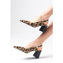 Mio Gusto Anette Leopar Desenli Sivri Burunlu Arkası Açık Kalın Topuklu Ayakkabı