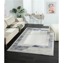 Aatoliarugs Dream Krem Halı Mavi Çerçeveli Kenarlı Modern Desen Akrilik İplik Salon ve Oturma Odası Halısı
