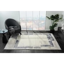 Aatoliarugs Dream Krem Halı Mavi Çerçeveli Kenarlı Modern Desen Akrilik İplik Salon ve Oturma Odası Halısı