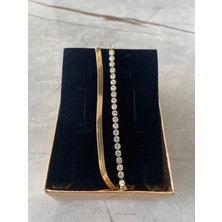 Gold Zincir Detaylı Beyaz Zirkon Taşlı Su Yolu Bileklik