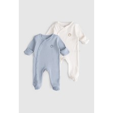 Kendinden Eldivenli Patikli 2'li Organik Pamuk Mavi - Ekru Tulum Seti