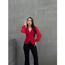 Msm Fashion Kadın Gömlek Düğmeli Uzun Tül Kollu Ceket Yaka Bele Oturan Gömlek Siyah