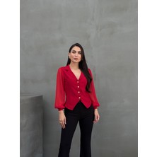 Msm Fashion Kadın Gömlek Düğmeli Uzun Tül Kollu Ceket Yaka Bele Oturan Gömlek Siyah
