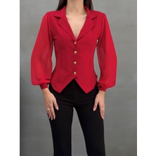 Msm Fashion Kadın Gömlek Düğmeli Uzun Tül Kollu Ceket Yaka Bele Oturan Gömlek Siyah