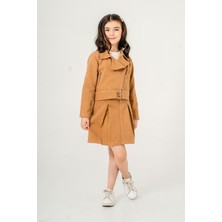 Miniğimin Cicileri (7-11 Yaş) Gabardin Kruvaze Yaka Ceket Etekli 3 lü takım - Kahverengi