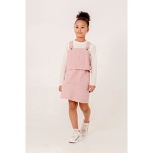 Miniğimin Cicileri (8-12 Yaş) Gabardin Püsküllü Salopet Yelek Etekli 3 lü takım - Pembe