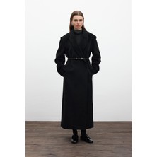 Manuka Kemerli Uzun Kaşe Kaban Siyah