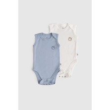 2'li Organik Pamuk Ayarlanabilir Mavi - Ekru Çıtçıtlı Atlet