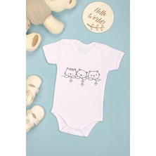 %100 Pamuk Sevimli Kedi Baskılı Omuz Çıt Çıt Zıbın