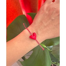 Atelier Çağla Cam Kırmızı Murano Kalp Kırmızı Beyaz Marteniçka Yeniyıl Yılbaşı Bilekliği