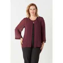 1951 Mürdüm Inci ve Taş Baskılı Şifon Büyük Beden Şık Ceket