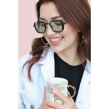 Sacce Scarves & Accessories Güneş Gözlüğü Oval Kare Tasarımlı Metal Siyah Leopar Çerçeve Açık Yeşil Cam