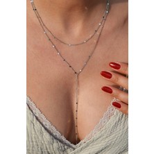 Sacce Scarves & Accessories İnce Pırıltılı Zincir Kolye Uzun Işıltılı Dekolte Kolyesi Gümüş Renk